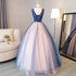 Blue and Pink Flower Lace Applique V-neckline Sweet 16 Gown, Floor Length Formal Dresses