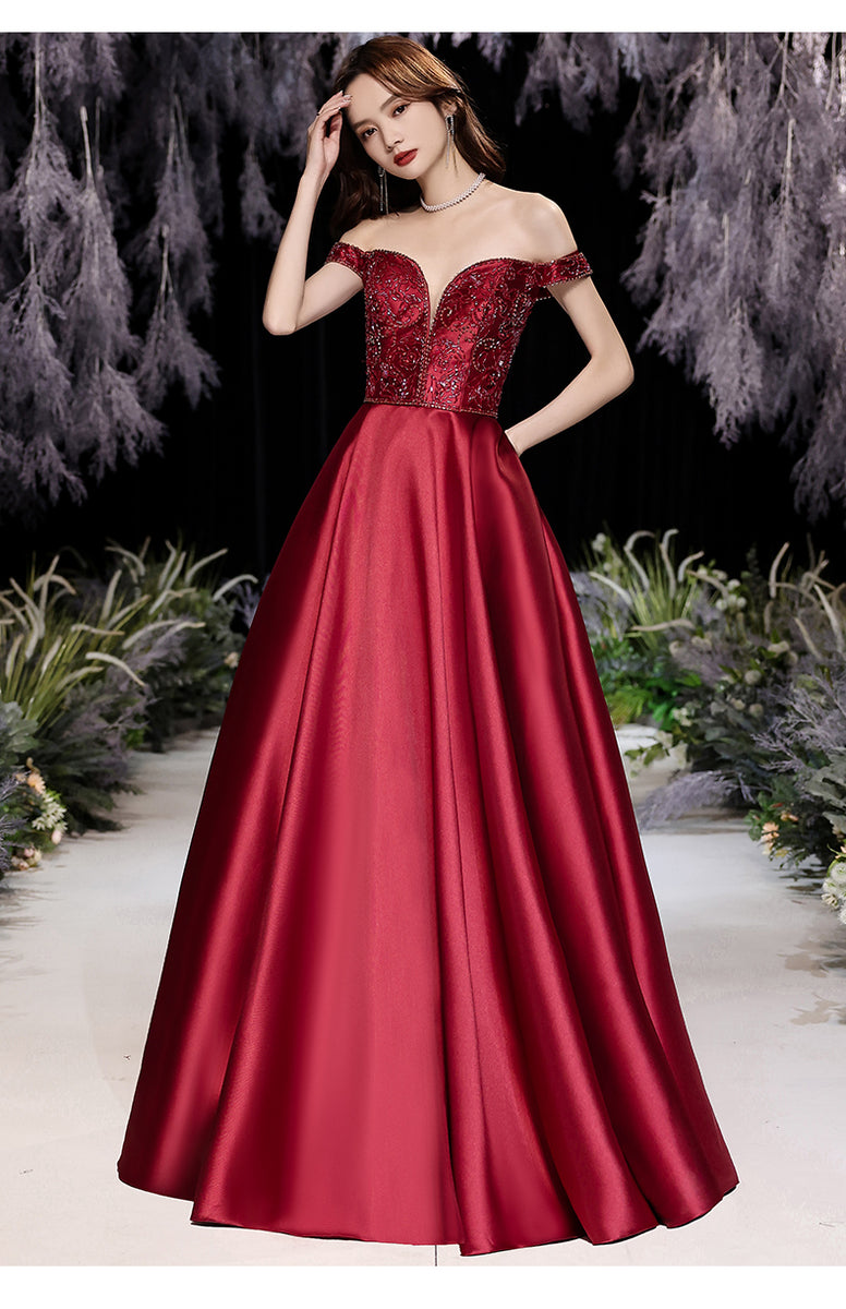 Burgundy Satin Long Prom Dresses, Off The Shoulder Beaded Evening Party Dress, AST1529 main image 0