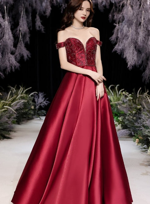 Burgundy Beaded Satin Long Off Shoulder Prom Dress, A-line Sweetheart Party Dress