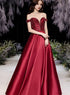 Burgundy Beaded Satin Long Off Shoulder Prom Dress, A-line Sweetheart Party Dress