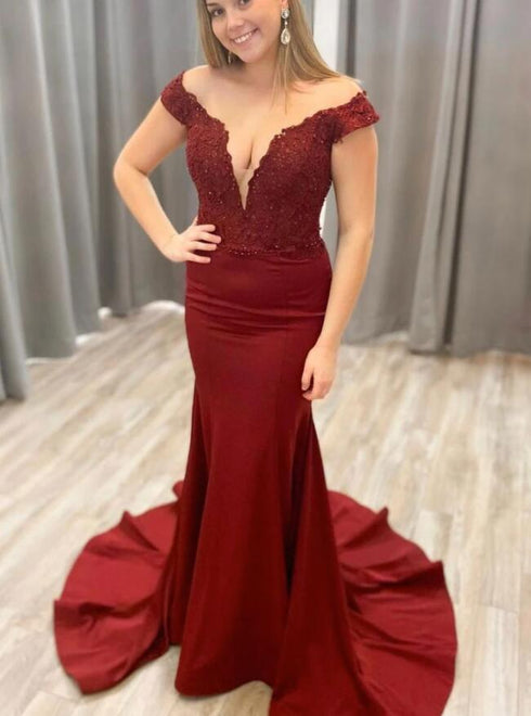 Wine Red Lace Applique Mermaid Long Formal Dress, Wine Red Evening Dress Prom Dress