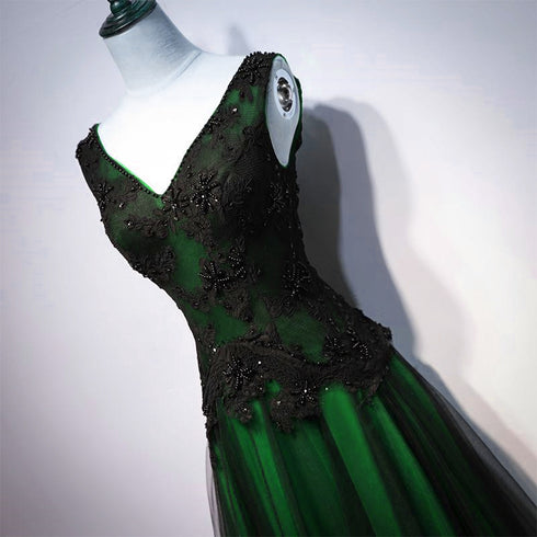 Chaming Black and Green Tulle V-neckline Long Party Dress, Beautiful V-neckline Prom Dresses