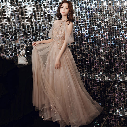 Champagne Tulle Haler Beaded Shiny Long Party Dress, A-line Prom Dress Evening Dress