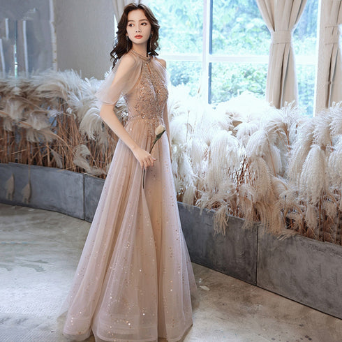 Champagne Tulle Haler Beaded Shiny Long Party Dress, A-line Prom Dress Evening Dress