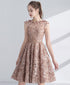 Champagne Round Neckline Lace Short Party Dresses, Lace Homecoming Dresses