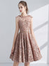 Champagne Round Neckline Lace Short Party Dresses, Lace Homecoming Dresses