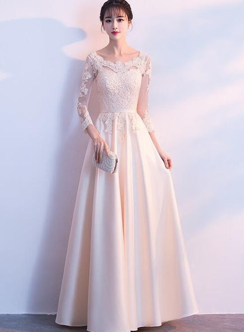 Champagne Satin with Lace Long Sleeves Prom Dress Evening Dress, A-line Simple Bridesmaid Dresses