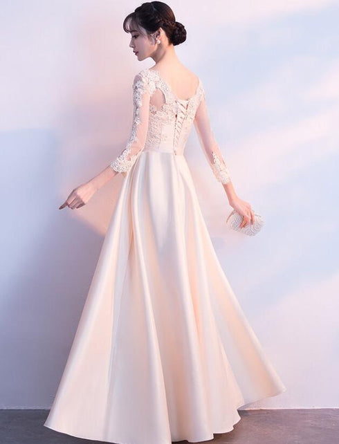 Champagne Satin with Lace Long Sleeves Prom Dress Evening Dress, A-line Simple Bridesmaid Dresses
