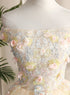 Pretty Tulle Champagne Off Shoulder  Prom Dress, Flowers Lace Formal Dress