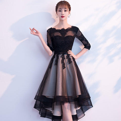 Champagne and black High Low Short Sleeves Party Dress, High Low homecoming Dress Formal Dresses