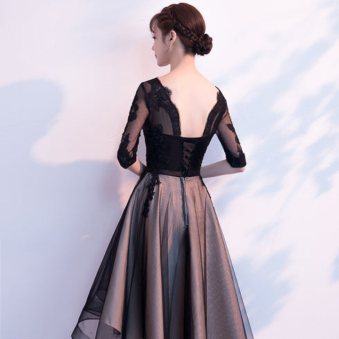 Champagne and black High Low Short Sleeves Party Dress, High Low homecoming Dress Formal Dresses