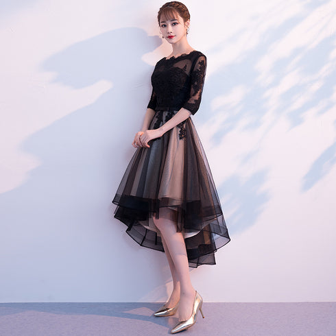 Champagne and black High Low Short Sleeves Party Dress, High Low homecoming Dress Formal Dresses