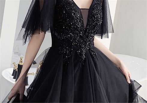 Charming Black Prom Dress V Neck Long Formal Dresses, Black Layers Long Evening Dresses