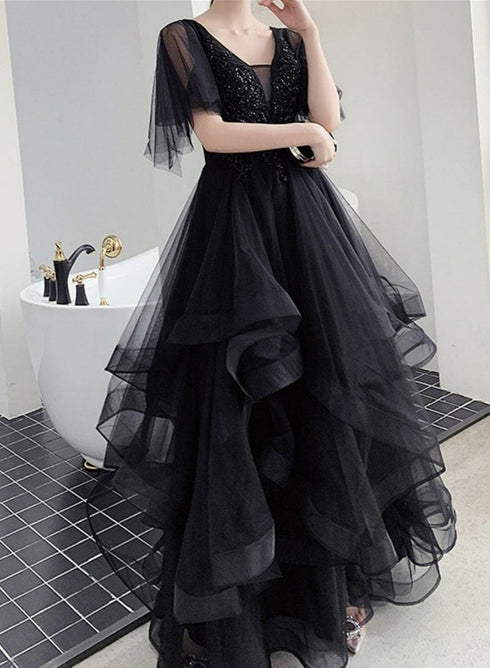 Charming Black Prom Dress V Neck Long Formal Dresses, Black Layers Long Evening Dresses