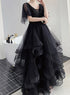 Charming Black Prom Dress V Neck Long Formal Dresses, Black Layers Long Evening Dresses