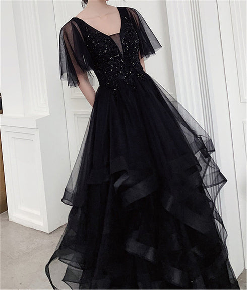 Charming Black Prom Dress V Neck Long Formal Dresses, Black Layers Long Evening Dresses