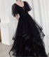 Charming Black Prom Dress V Neck Long Formal Dresses, Black Layers Long Evening Dresses