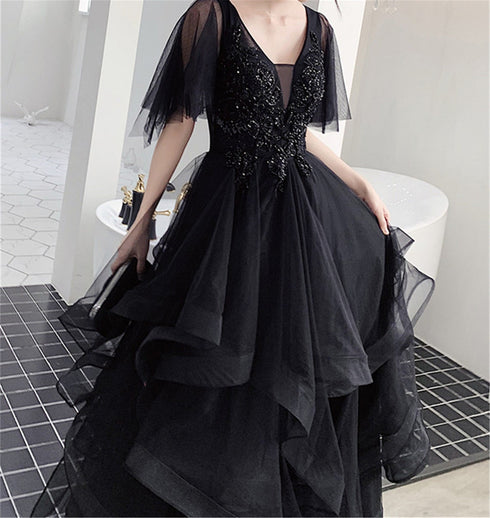 Charming Black Prom Dress V Neck Long Formal Dresses, Black Layers Long Evening Dresses