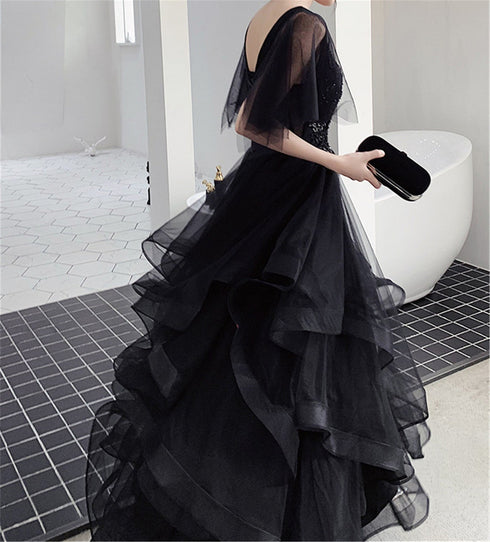 Charming Black Prom Dress V Neck Long Formal Dresses, Black Layers Long Evening Dresses