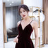 Charming Burgundy Velvet Deep V-neckline Floor Length Party Dress, A-line Prom Dress Evening Dresses
