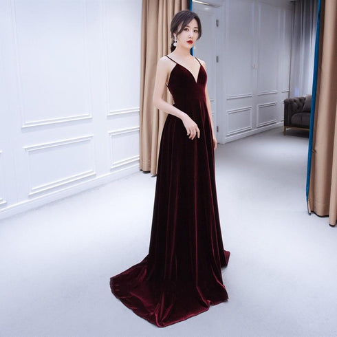 Charming Burgundy Velvet Deep V-neckline Floor Length Party Dress, A-line Prom Dress Evening Dresses