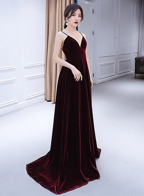 Charming Burgundy Velvet Deep V-neckline Floor Length Party Dress, A-line Prom Dress Evening Dresses
