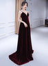 Charming Burgundy Velvet Deep V-neckline Floor Length Party Dress, A-line Prom Dress Evening Dresses