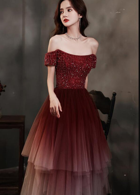 Charming Dark Red Gradient Tulle Beaded Formal Dress Party Dress, Layers Long Prom Dress