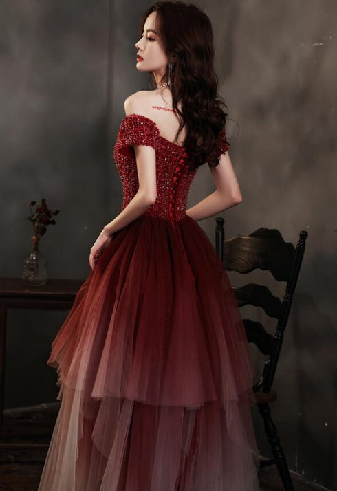 Charming Dark Red Gradient Tulle Beaded Formal Dress Party Dress, Layers Long Prom Dress