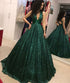 Charming Green Sequins Cross Back Ball Gown Evening Dress Party Dress, Green Long Prom Dress