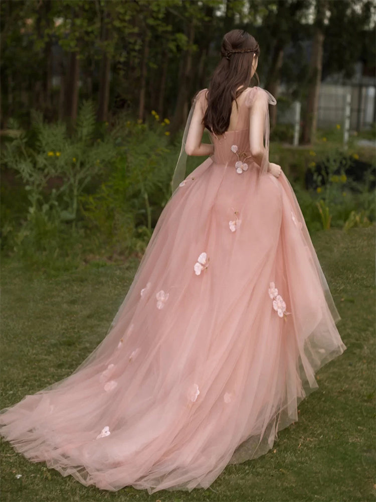 chinese dress ladies Charming Pink Tulle A-Line with Flowers Long Evening Gown Prom Dress, Light Pink Party Dresses Custom Size / Custom Color