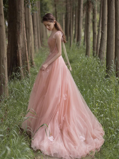 Charming Pink Tulle A-line with Flowers Long Evening Gown Prom Dress, Light Pink Party Dresses