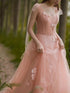 Charming Pink Tulle A-line with Flowers Long Evening Gown Prom Dress, Light Pink Party Dresses