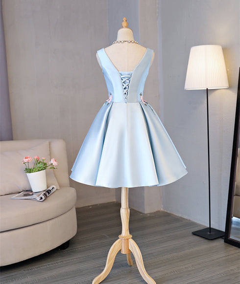 Cute Blue Satin Short Homecoming Dress Party Dress, Blue Prom Dress with Flowers