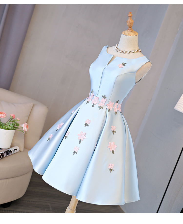 Cute Blue Satin Short Homecoming Dress Party Dress, Blue Prom Dress wi ...