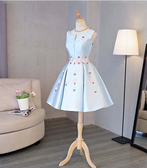 Cute Blue Satin Short Homecoming Dress Party Dress, Blue Prom Dress with Flowers