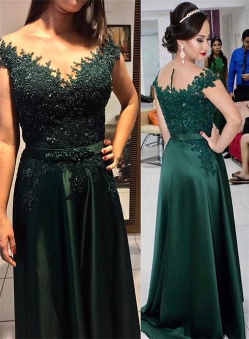 Dark Green Beaded and Lace Satin A-line Bridesmaid Dress, Green Prom Dress Evening Dress