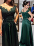Dark Green Beaded and Lace Satin A-line Bridesmaid Dress, Green Prom Dress Evening Dress