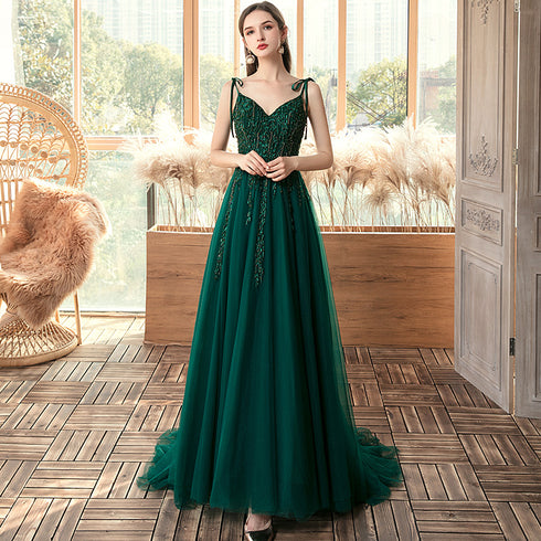 Dark Green Lace Applique and Beaded V-neckline Party Dress, A-line Tulle Evening Dress