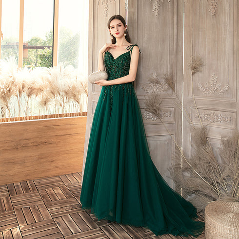 Dark Green Lace Applique and Beaded V-neckline Party Dress, A-line Tulle Evening Dress