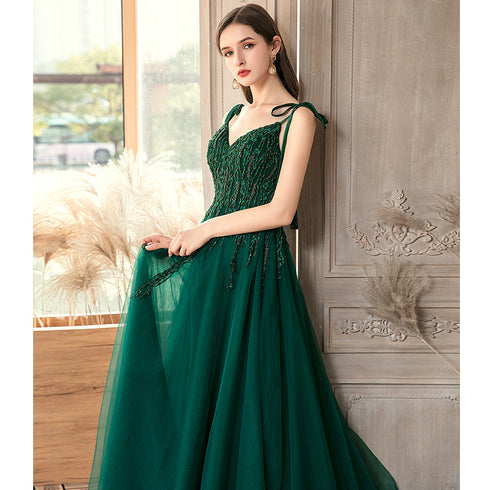 Dark Green Lace Applique and Beaded V-neckline Party Dress, A-line Tulle Evening Dress
