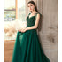 Dark Green Lace Applique and Beaded V-neckline Party Dress, A-line Tulle Evening Dress