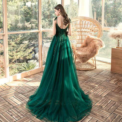 Dark Green Lace Applique and Beaded V-neckline Party Dress, A-line Tulle Evening Dress
