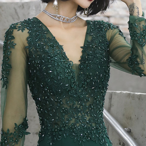 Dark Green Mermaid Spandex Long Evening Dress with Lace, Long Sleeves Prom Dresses