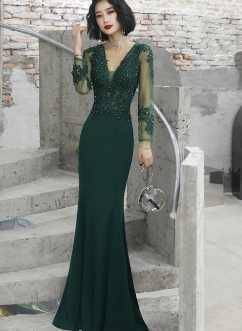 Dark Green Mermaid Spandex Long Evening Dress with Lace, Long Sleeves Prom Dresses