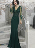 Dark Green Mermaid Spandex Long Evening Dress with Lace, Long Sleeves Prom Dresses