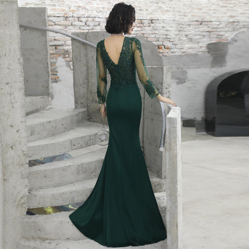 Dark Green Mermaid Spandex Long Evening Dress with Lace, Long Sleeves Prom Dresses