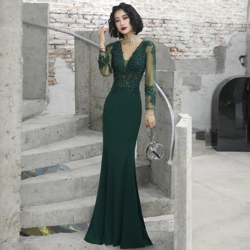 Dark Green Mermaid Spandex Long Evening Dress with Lace, Long Sleeves Prom Dresses