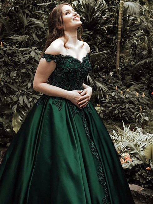 Dark Green Satin with Lace Applique Long Formal Dress, Green Sweetheart Prom Dress