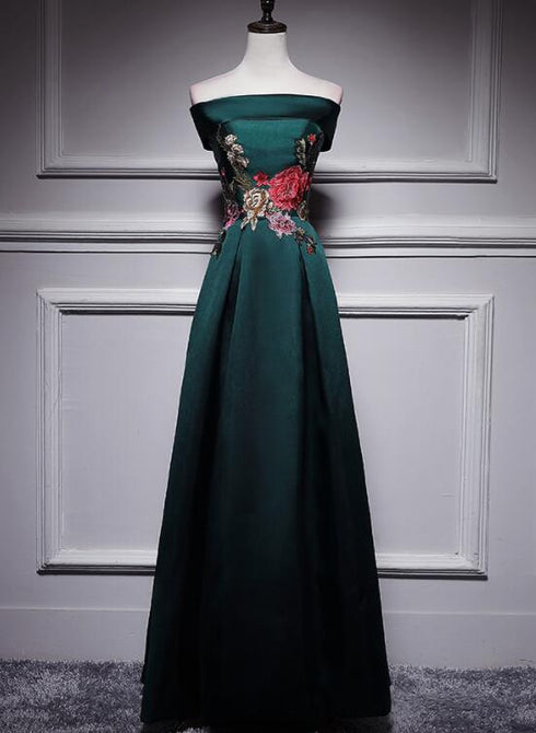 Dark Green Satin Off Shoulder Floor Length Satin Party Dress, Green Prom Dress Formal Dress